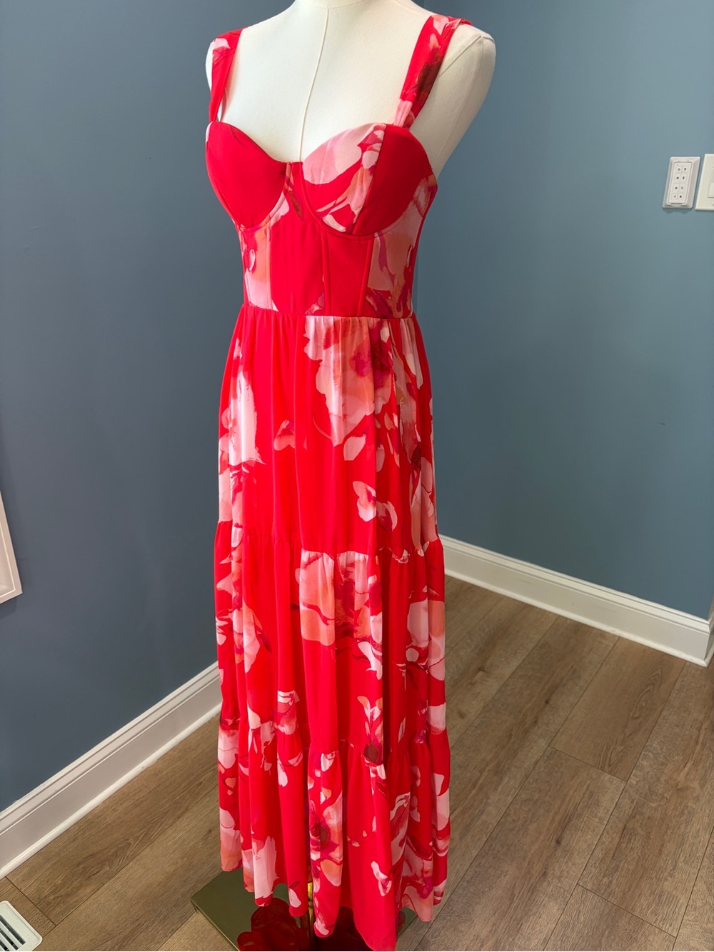 Lulus Red Pink Floral Bustier Tiered Maxi Dress Size Small - Picture 4 of 12